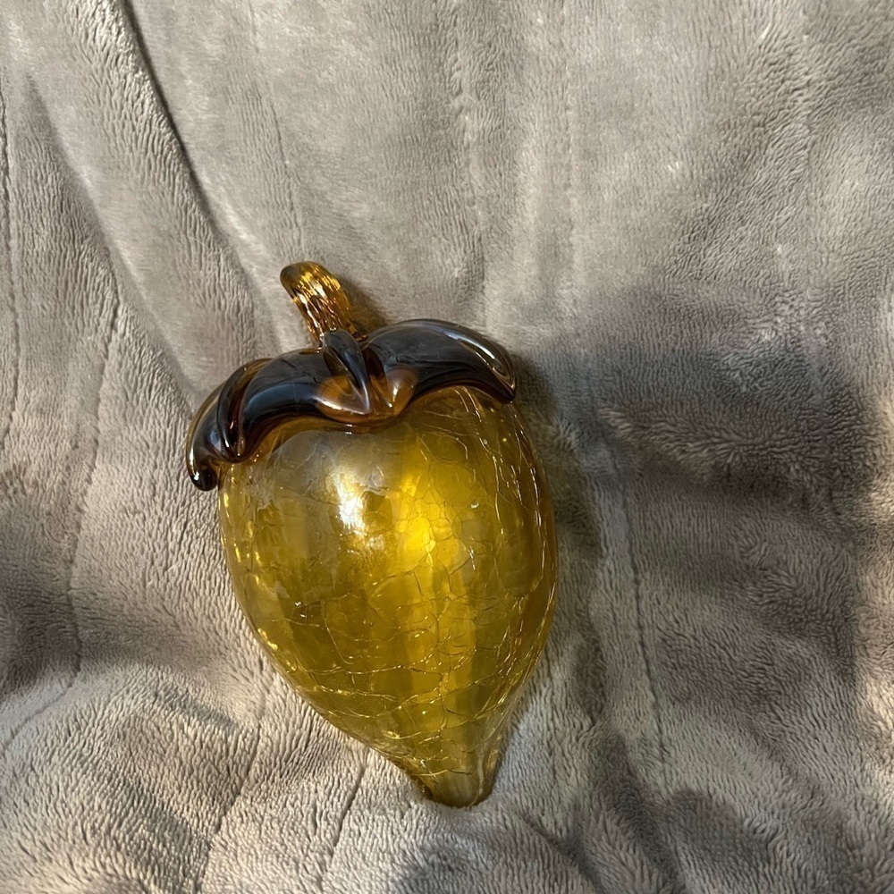 Vintage Crackle Art Glass Acorn Amber Yellow Brown Hand Blown Paperweight